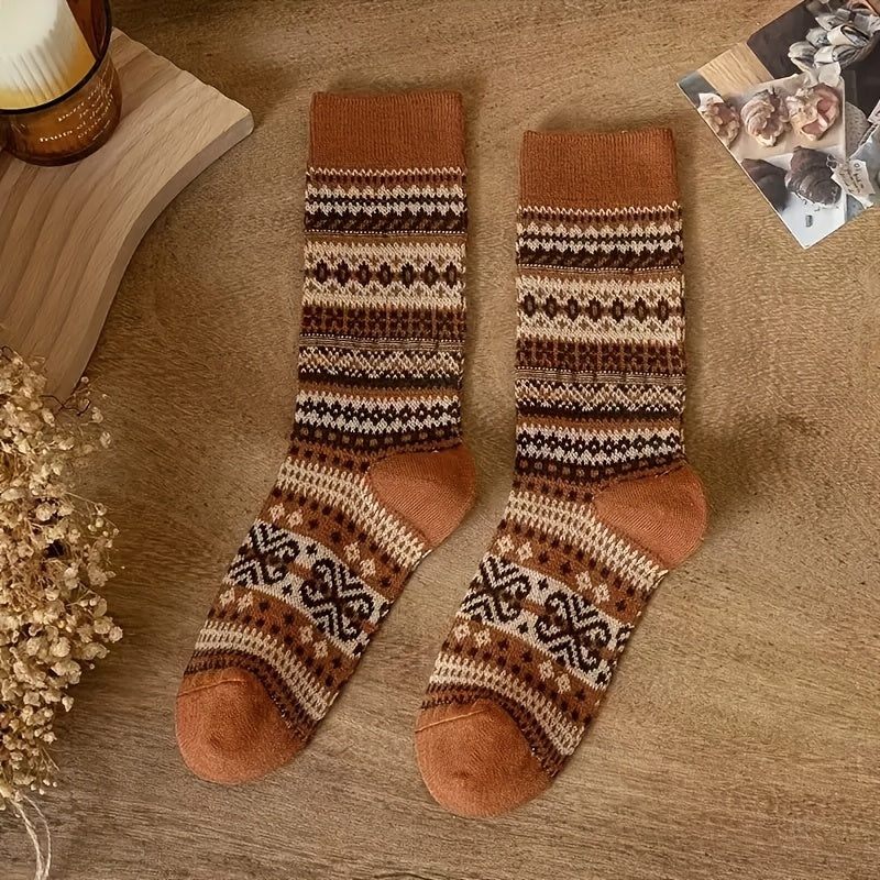 Retro Ethnic Mid Calf Socks For Women Chunky Knit Autumn