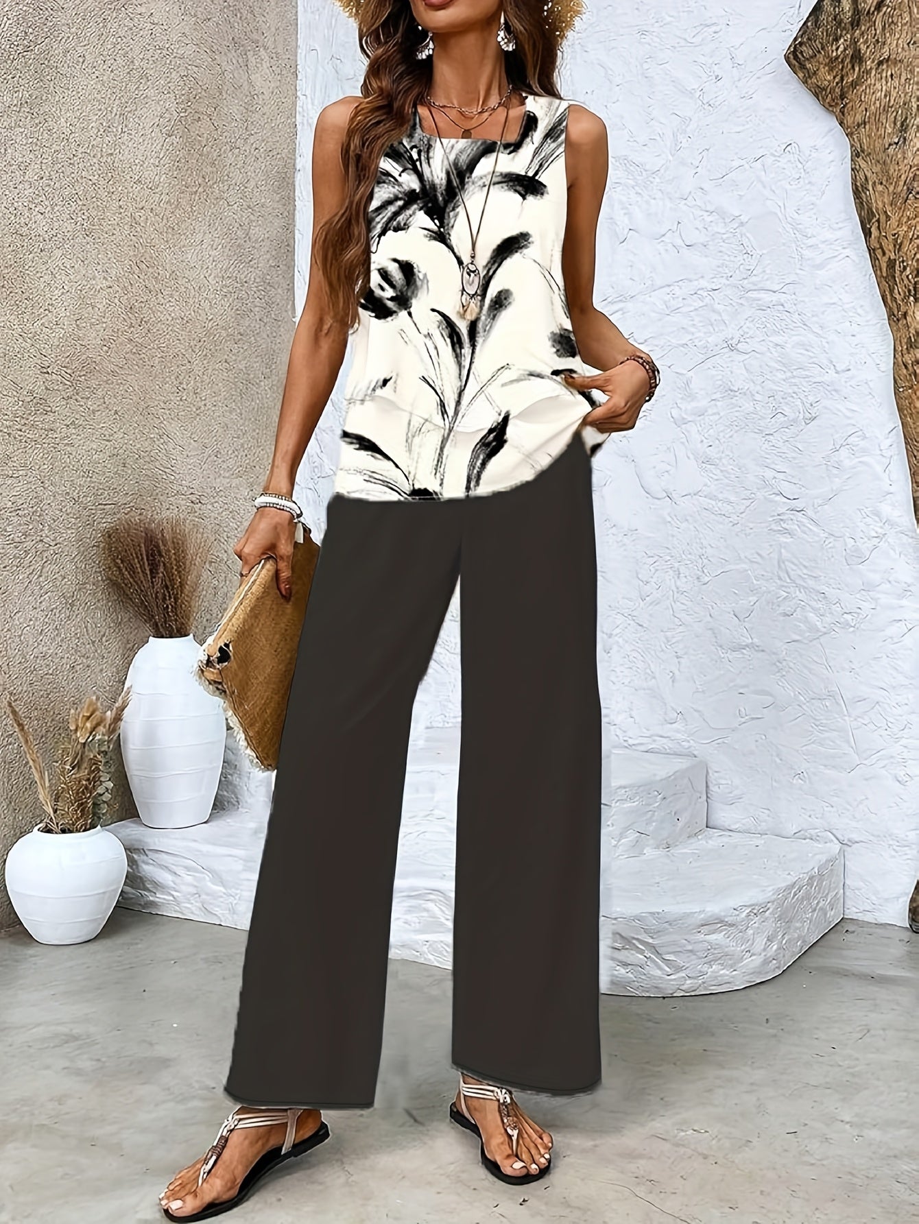 Textured Stripe Print Vest and Pants Leisure Suit Set