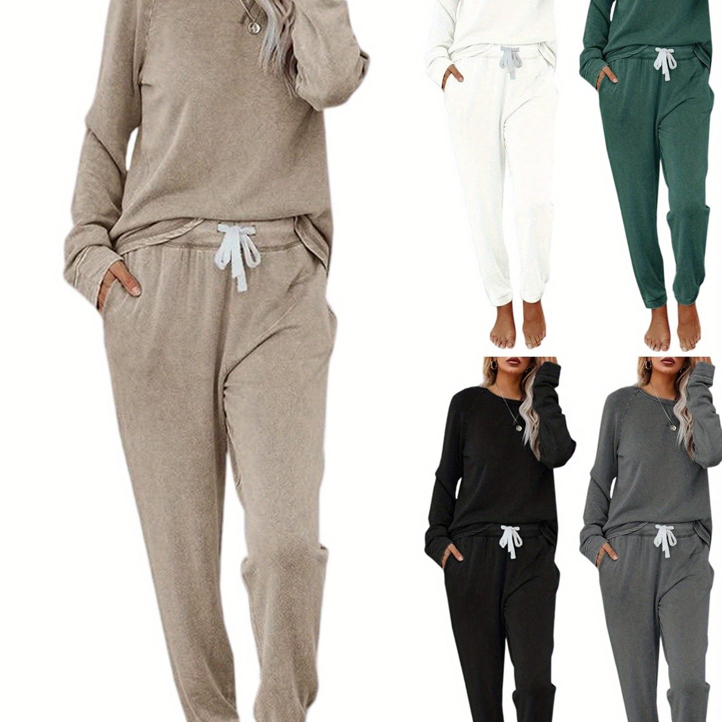 Women Solid Sweatsuit Set Crewneck Pullover Sweatpants