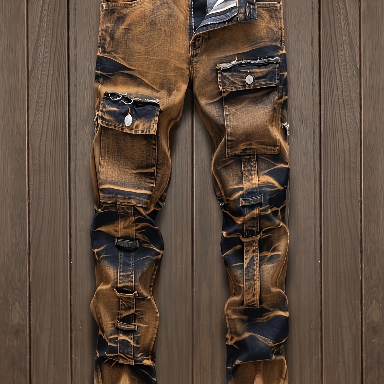 Mens Straight Cut Ripped Camouflage Jeans Streetwear