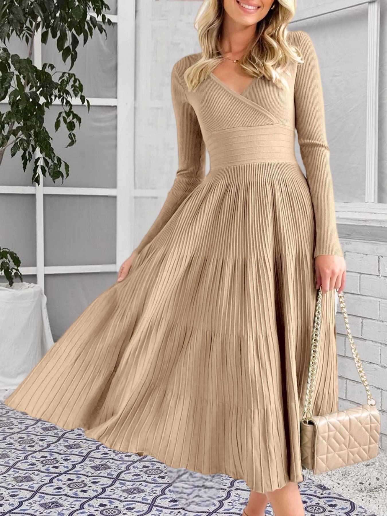 Womens V Neck Midi Sweater Dress Wrap Pleated A Line