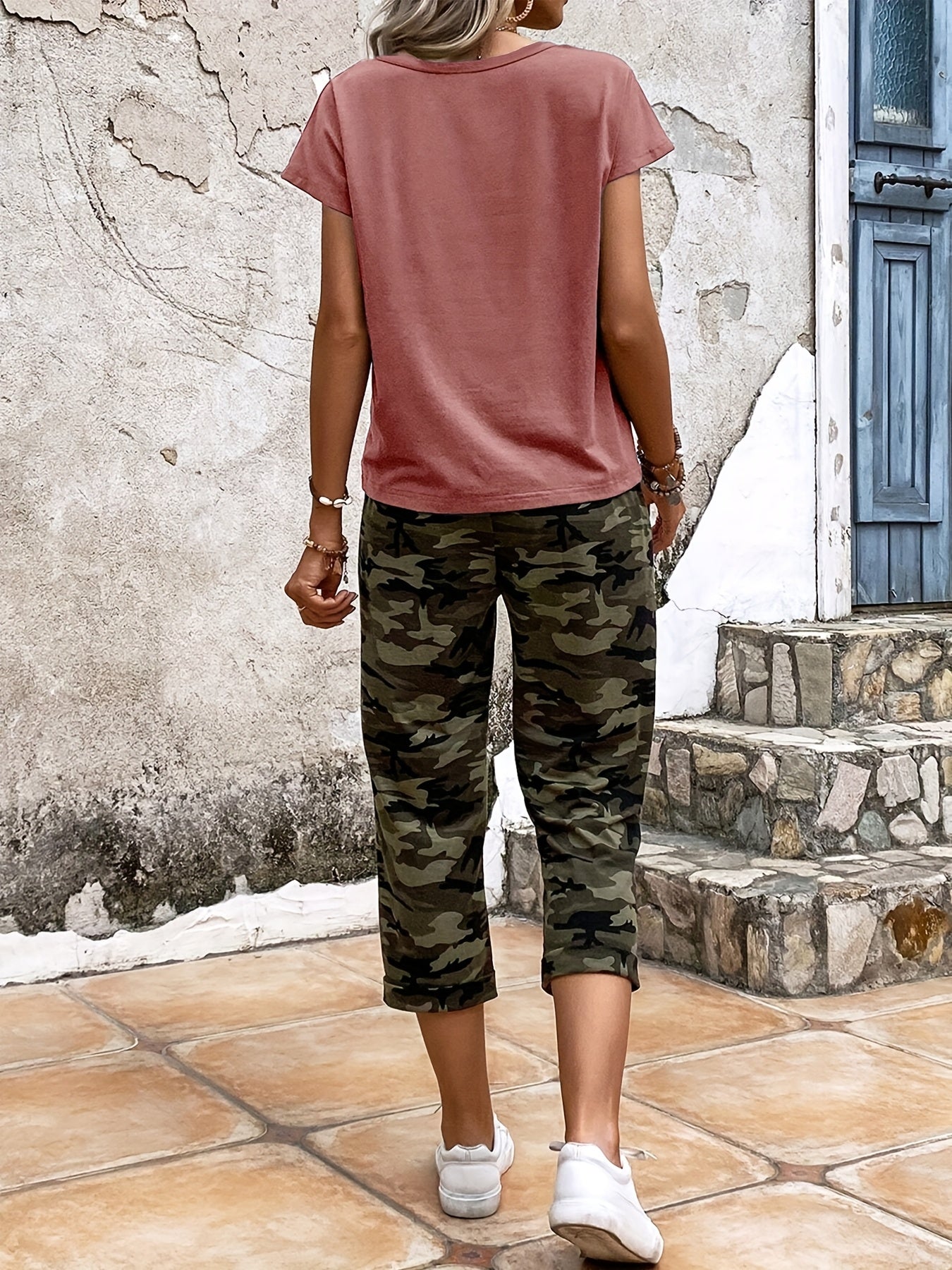 SCACTO Dolman Sleeve T Shirt Camouflage Drawstring Pants Set