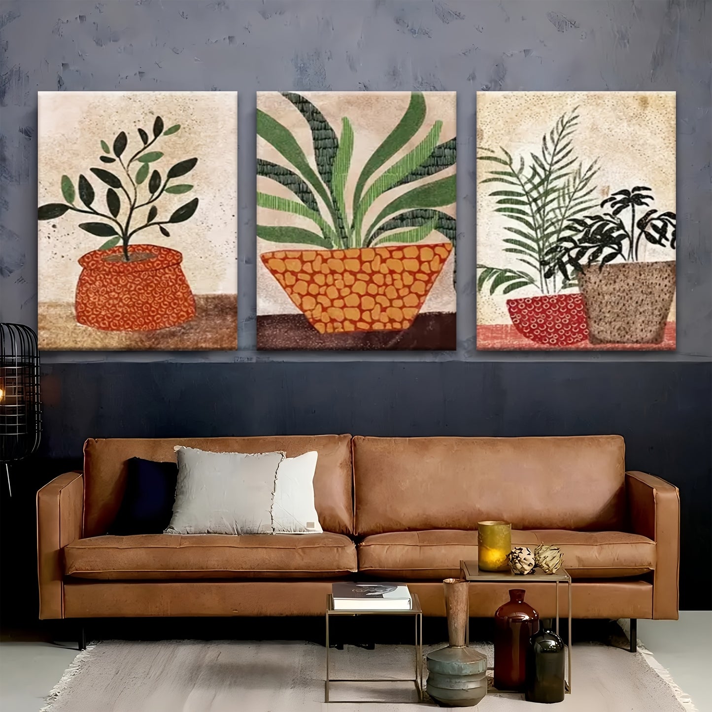 Boho Style Wooden Framed Wall Art Set with Green Abstract Design