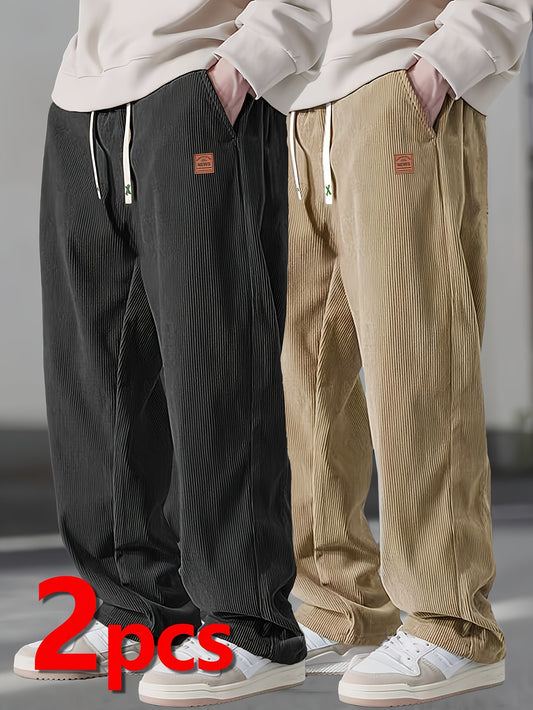 Corduroy Casual Pants Set Two Tone Loose Straight Fit