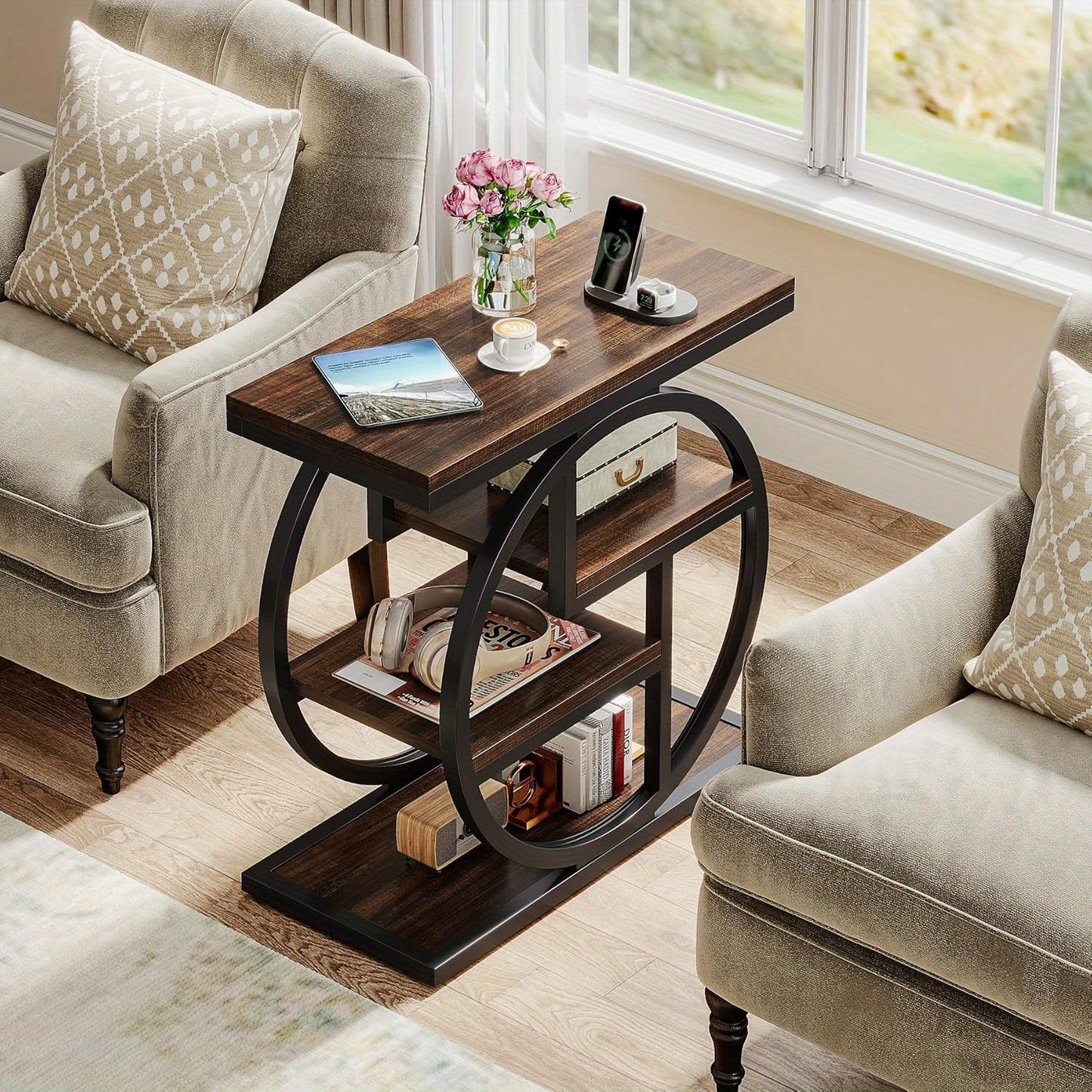 Industrial Wood Side Table With Storage Shelves And Geometric Frame