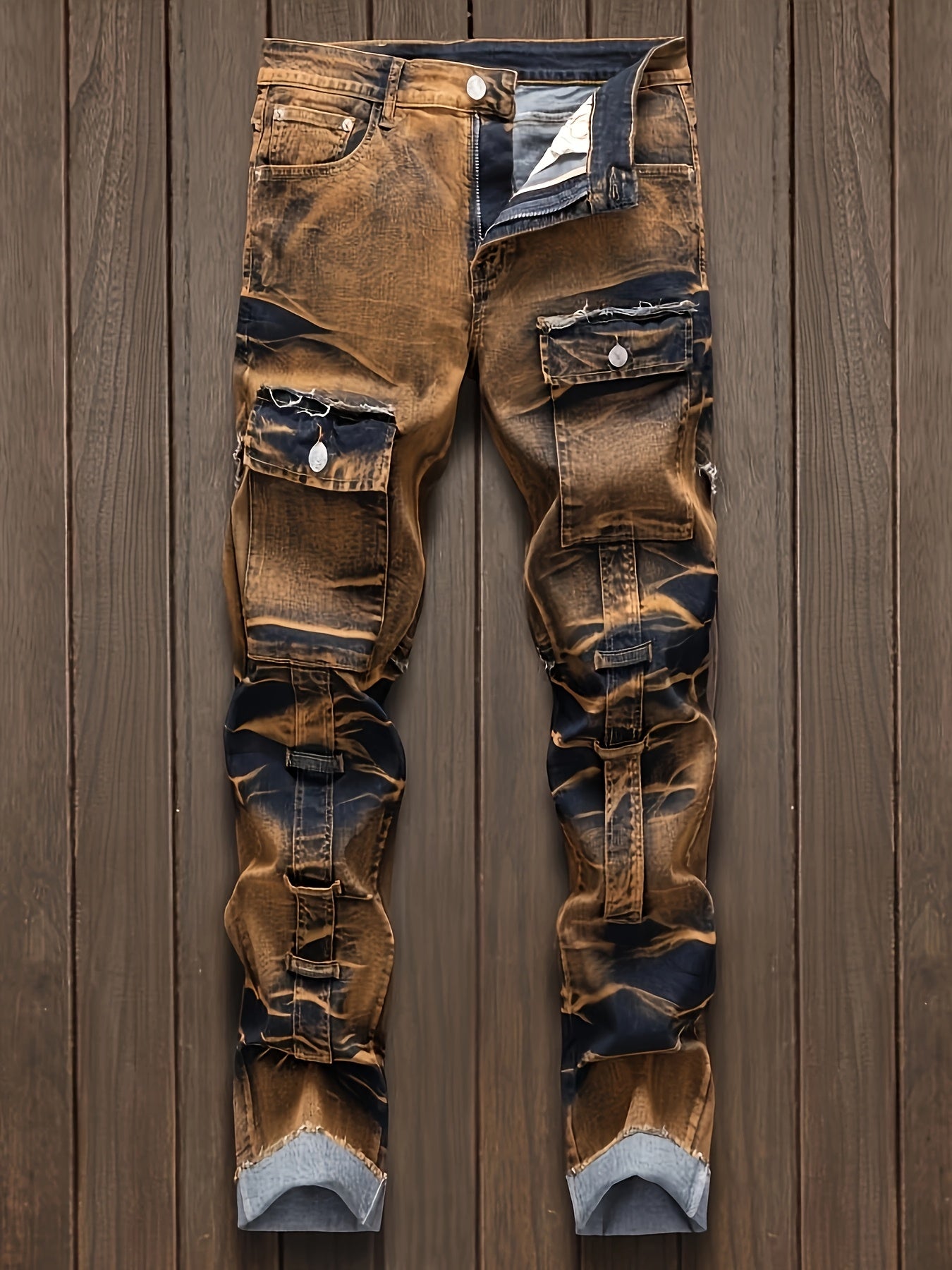 Mens Straight Cut Ripped Camouflage Jeans Streetwear