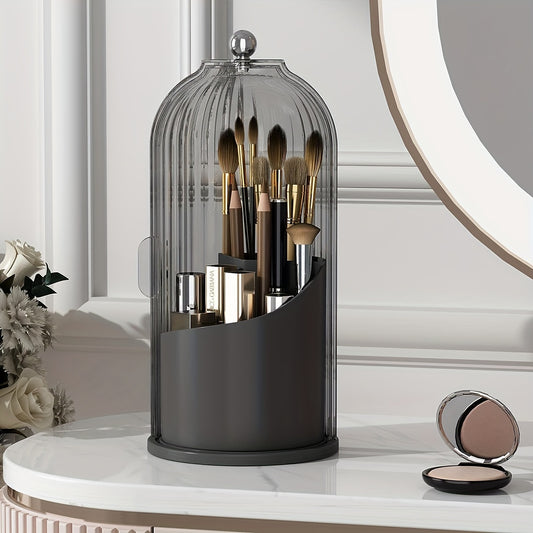 Elegant Rotating Makeup Holder 360 Degree Makeup Brush Organizer Dustproof Transparent Storage Box Sleek Black and Gold Ideal for Vanity Bathroom Countertops