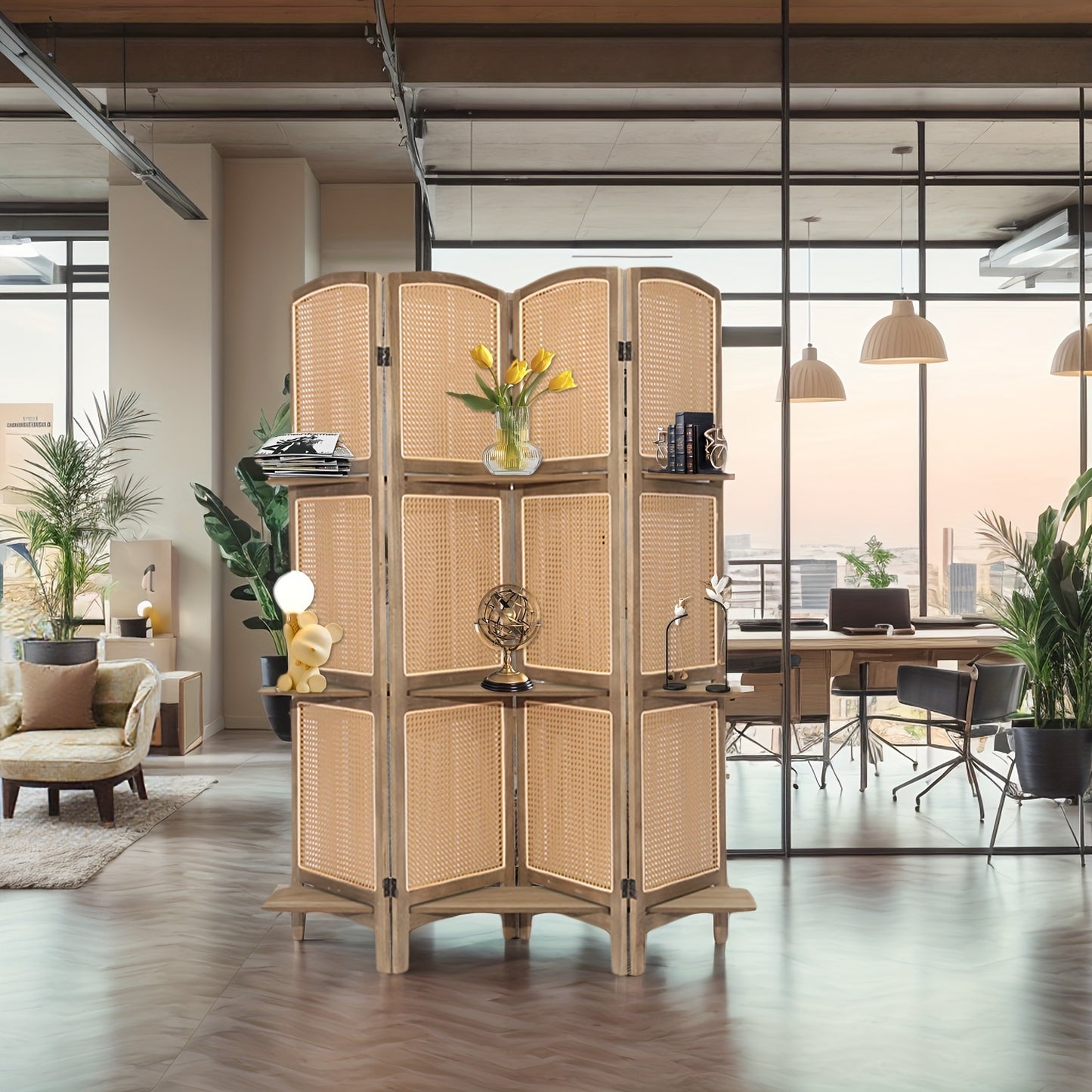 ZFFURN 4 Panel Folding Wood And Bamboo Privacy Screen