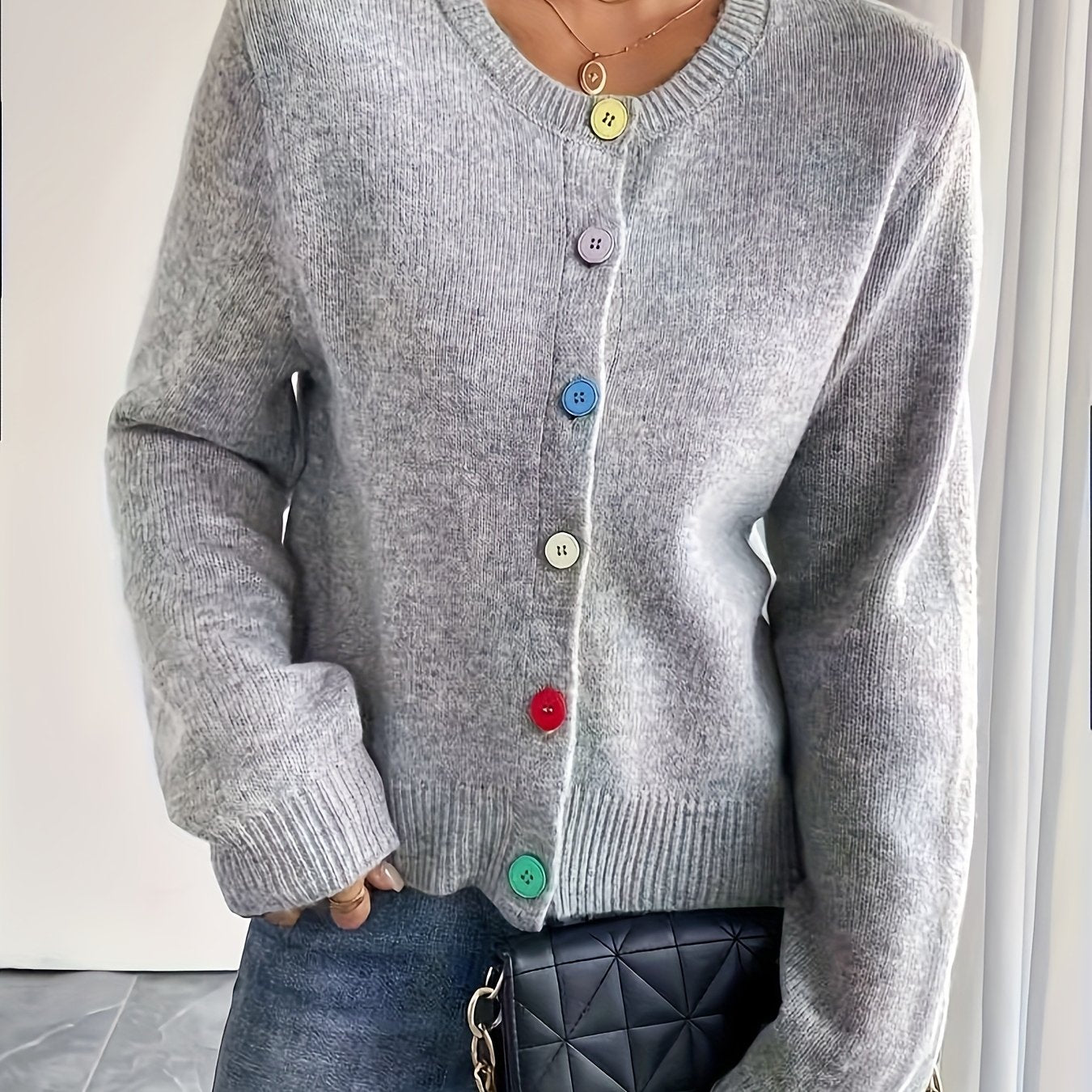 Womens Cardigan Sweater With Button Details Crew Neck