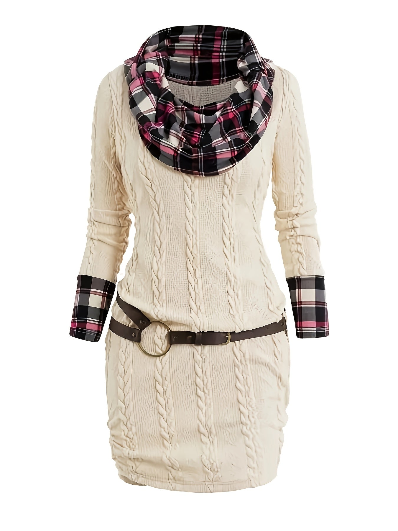 Plaid Patchwork Cable Knit Bodycon Sweater Dress Chic