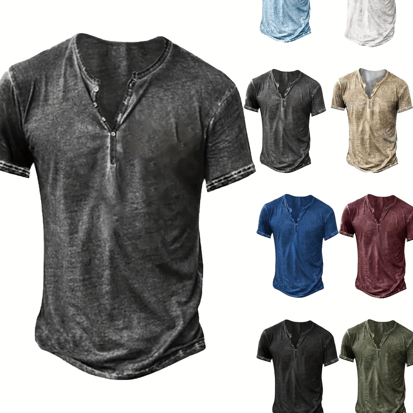 Mens Distressed Henley Shirt Short Sleeve Cotton Slim Fit