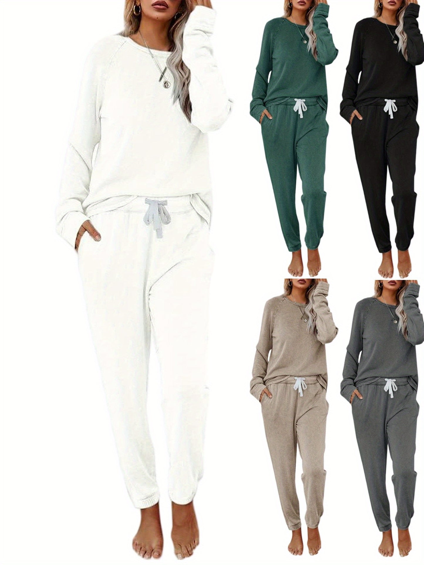 Women Solid Sweatsuit Set Crewneck Pullover Sweatpants