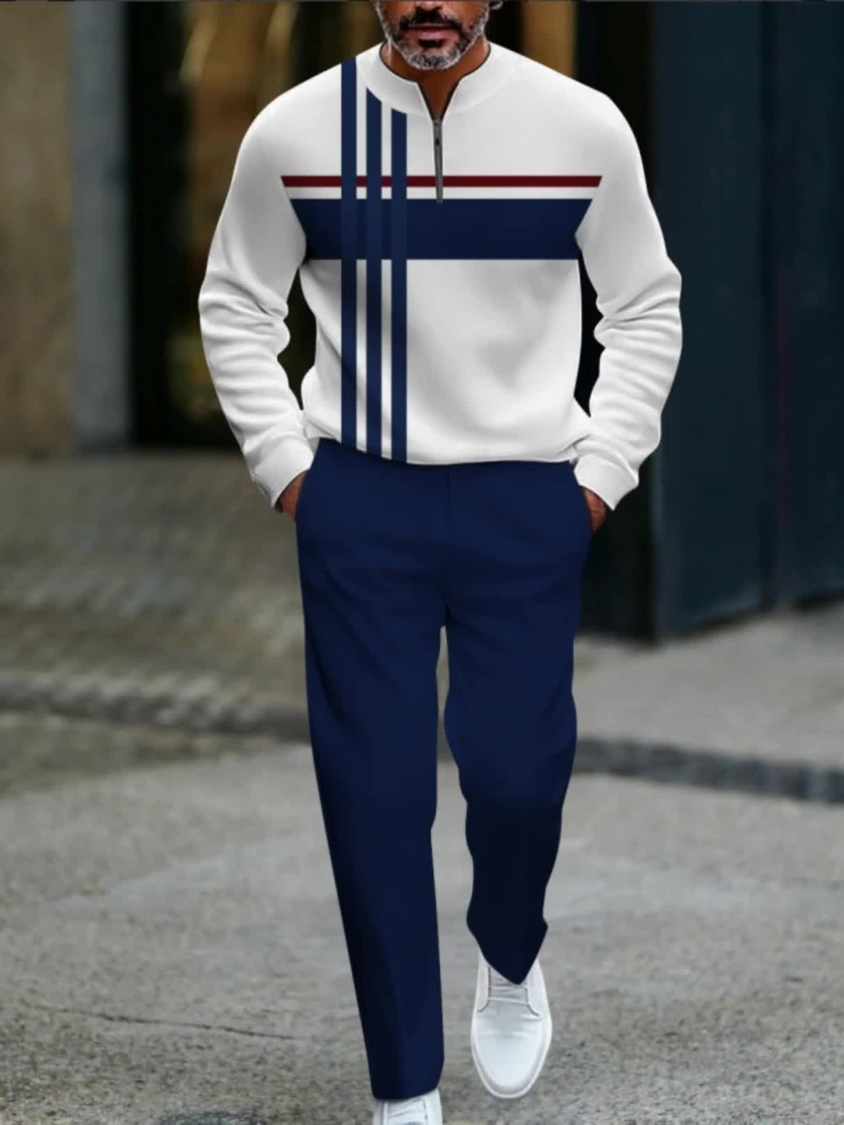 Mens Half Zip Top Striped Shirt With Matching Pants