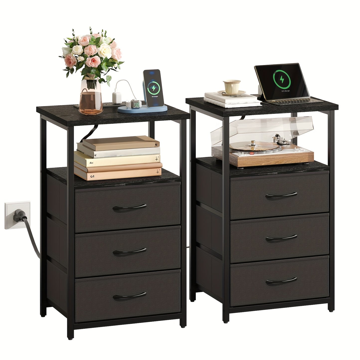 WHONLINE Night Stand with Charging Station and Fabric Drawers