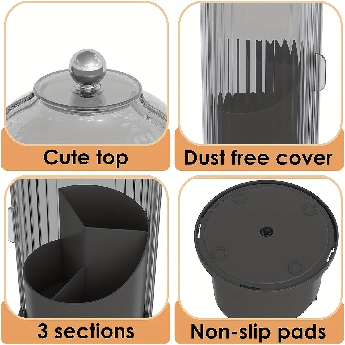 Elegant Rotating Makeup Holder 360 Degree Makeup Brush Organizer Dustproof Transparent Storage Box Sleek Black and Gold Ideal for Vanity Bathroom Countertops