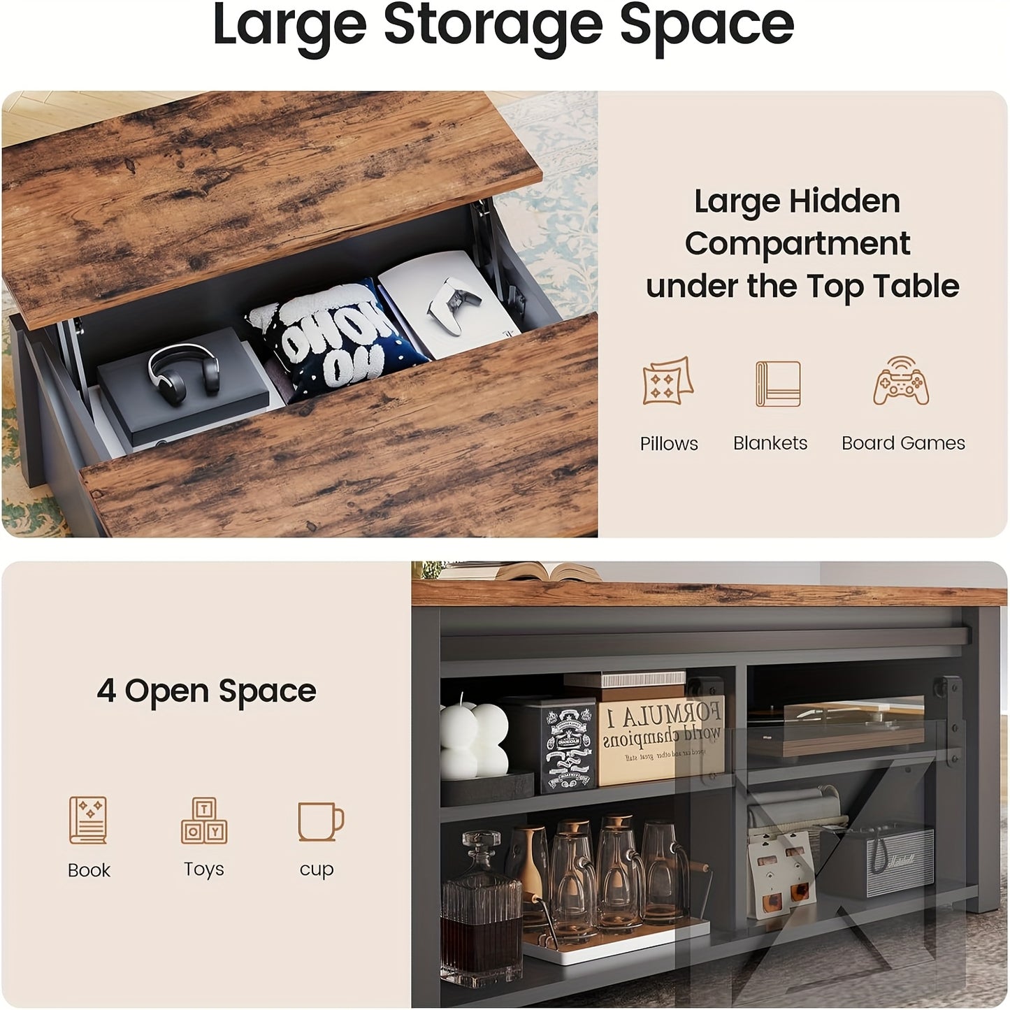 MSMASK Farmhouse Lift Top Coffee Table With Storage