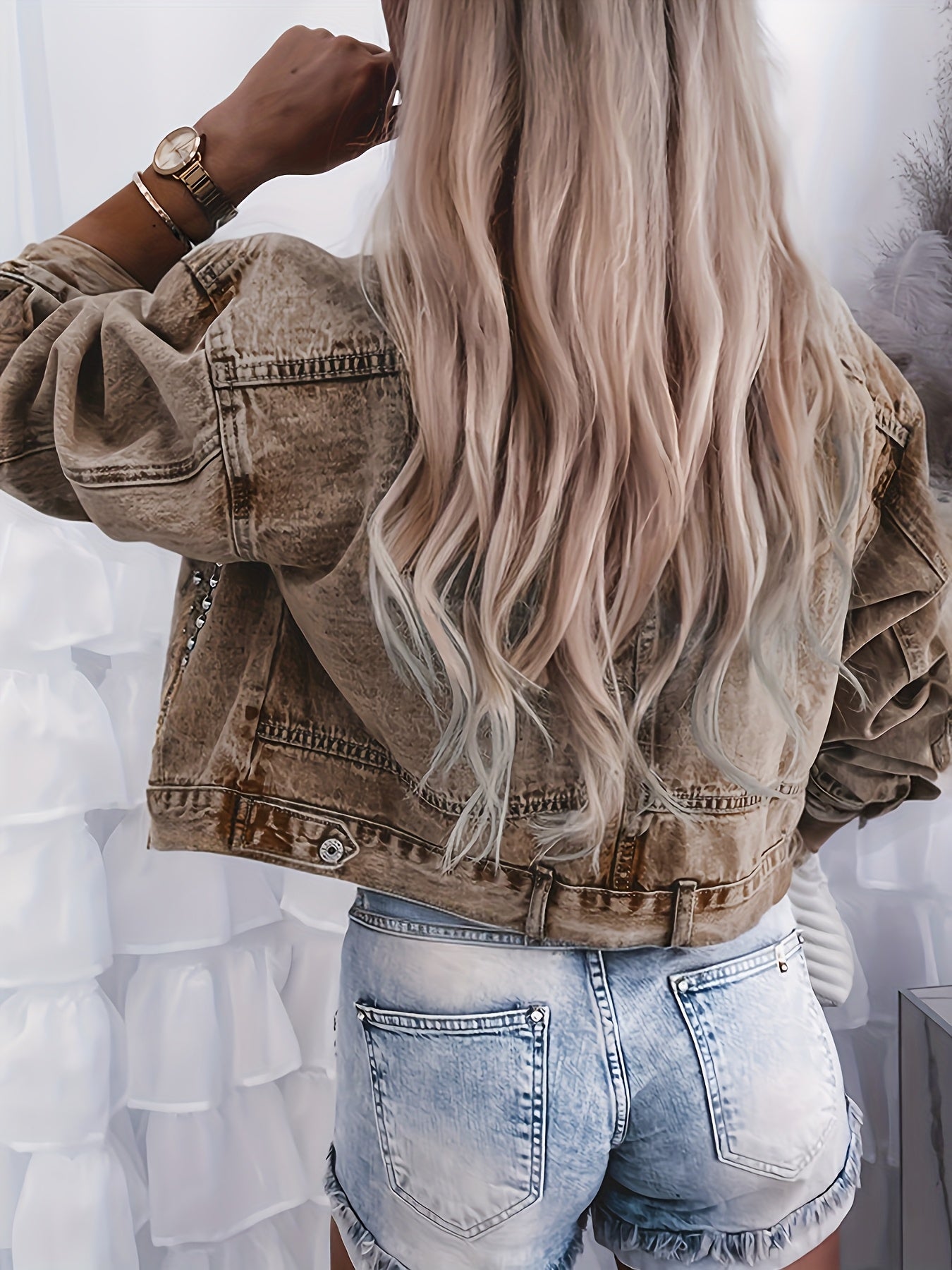 Womens Vintage Denim Jacket Distressed Button Front