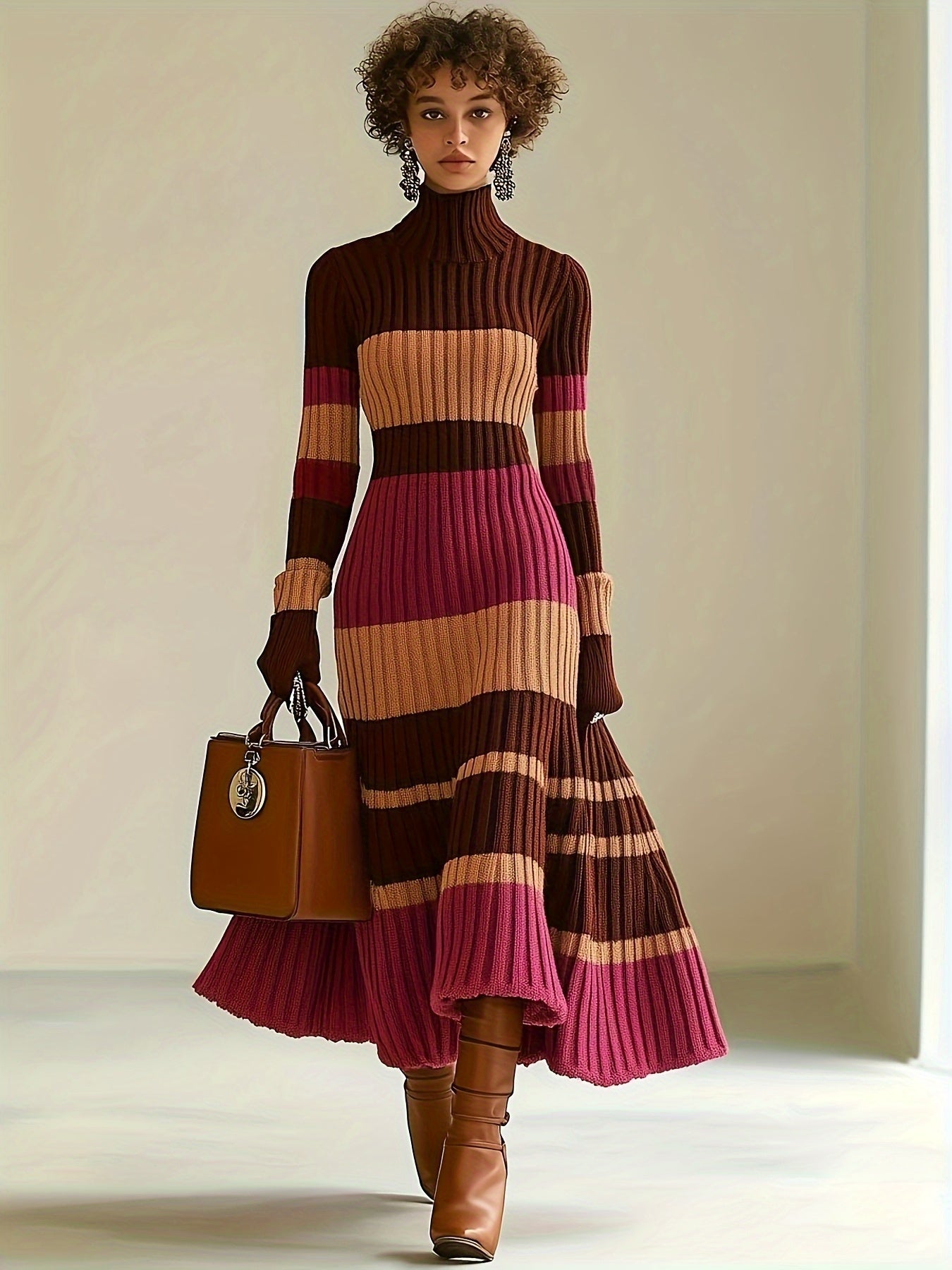 Nian Nian Selection Block Striped Knit Sweater Dress