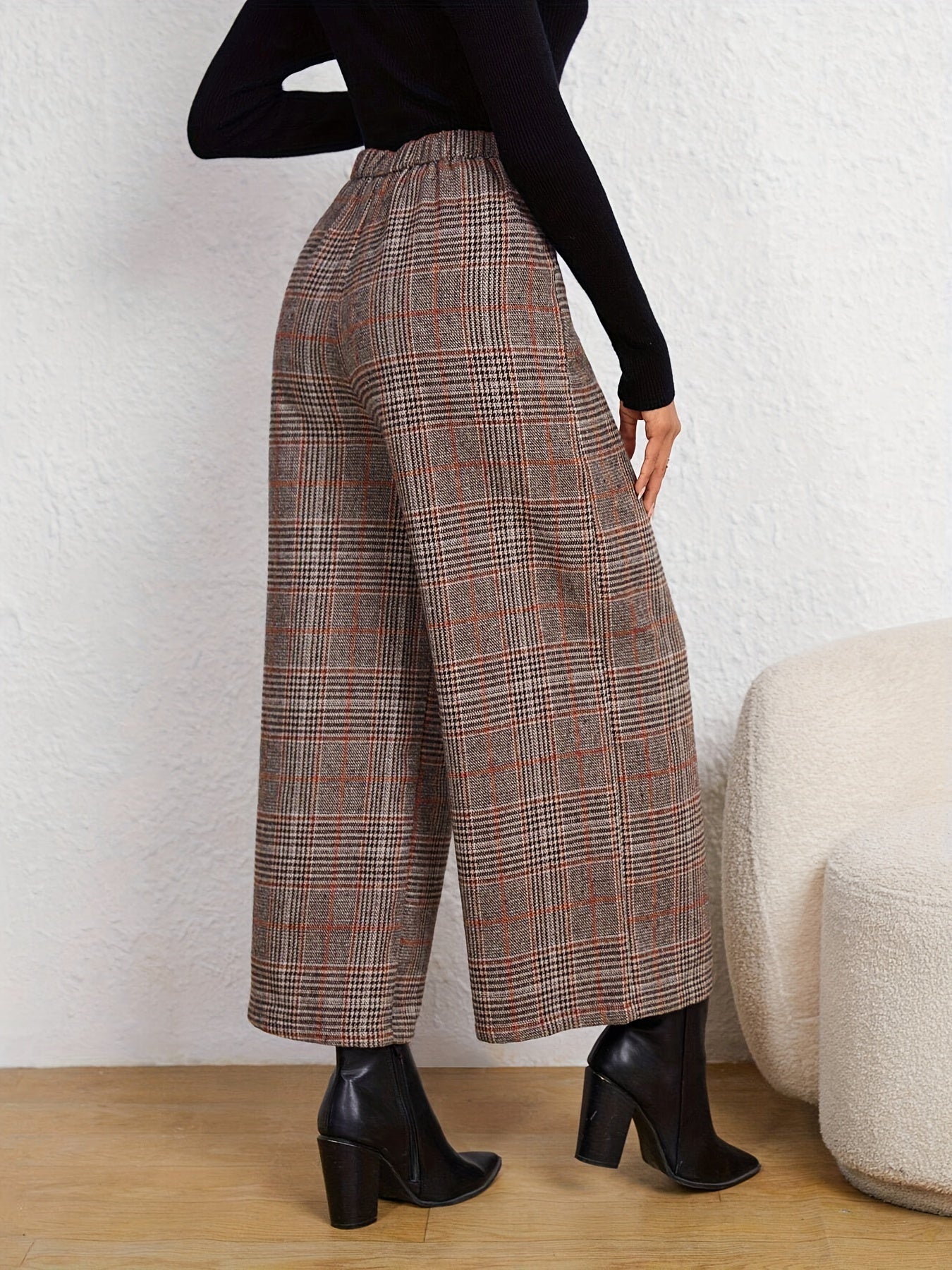 Plaid Print Wide Leg Pants With Button High Waist For All Season Spring And Summer
