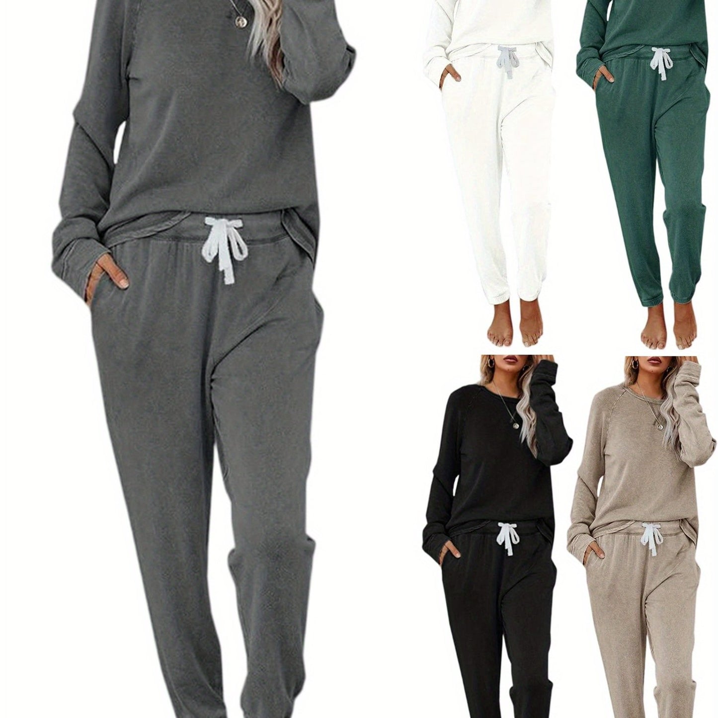 Women Solid Sweatsuit Set Crewneck Pullover Sweatpants