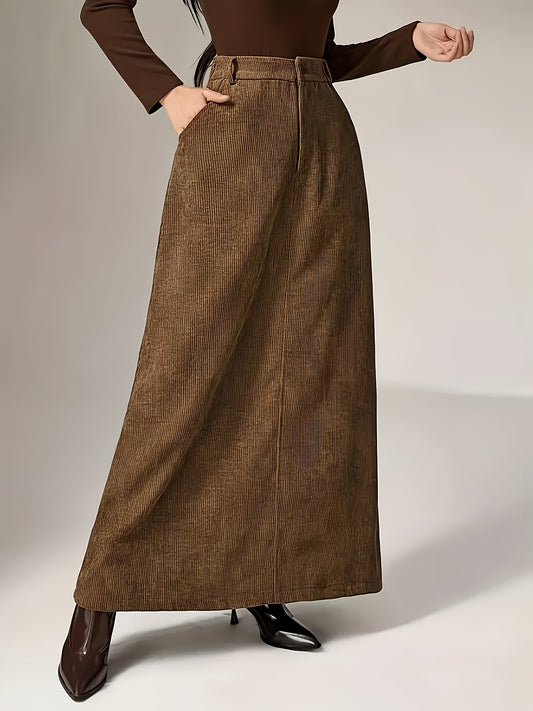 Corduroy High Waist Vintage Midi Skirt With Pockets