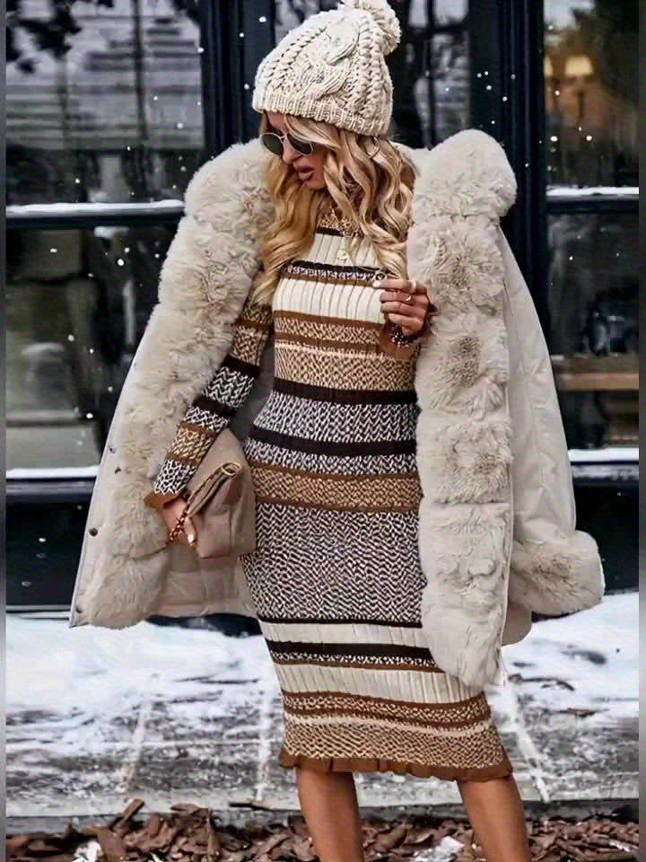 Striped Long Sleeve Sweater Dress With Ruffled Edges