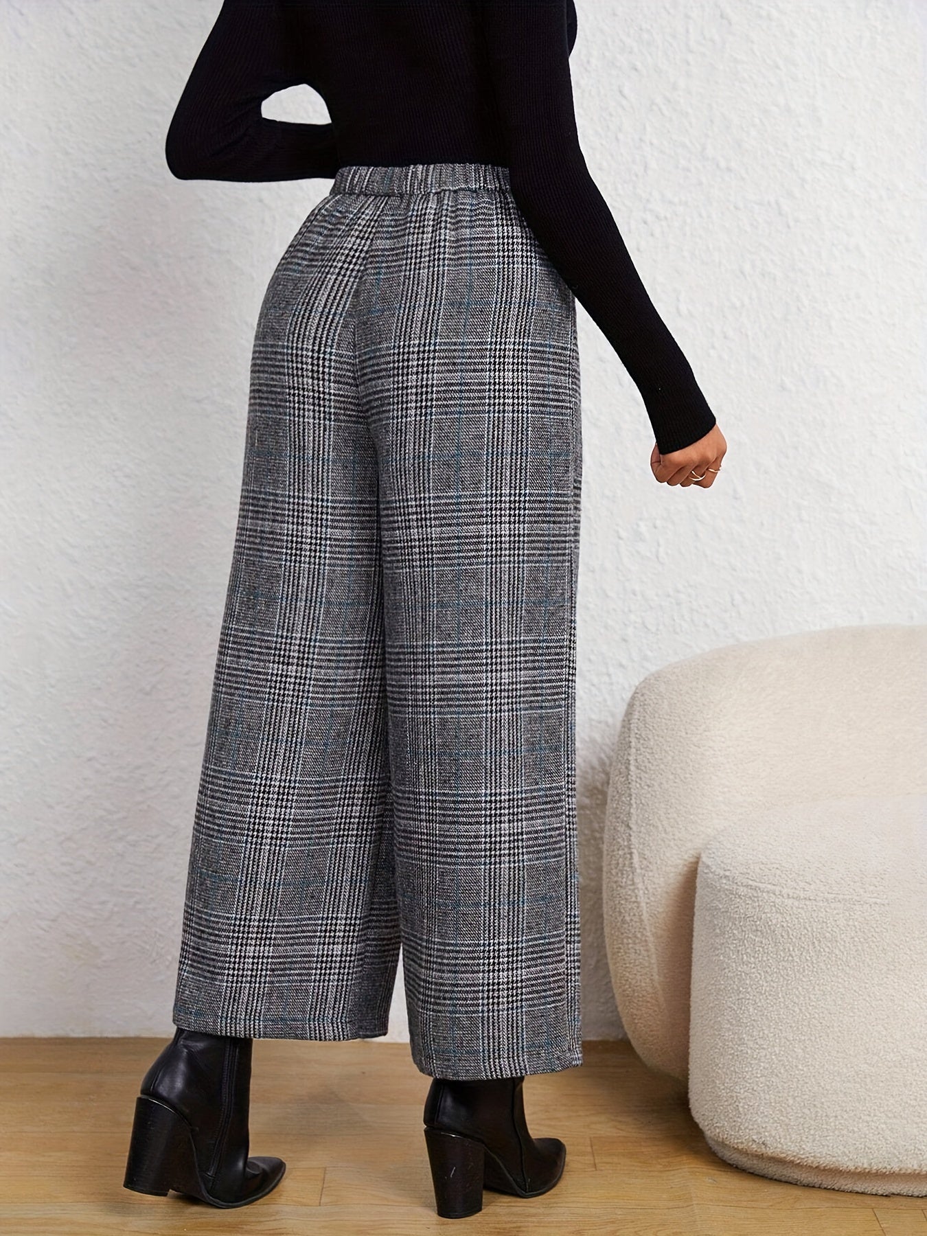 Plaid Print Wide Leg Pants With Button High Waist For All Season Spring And Summer