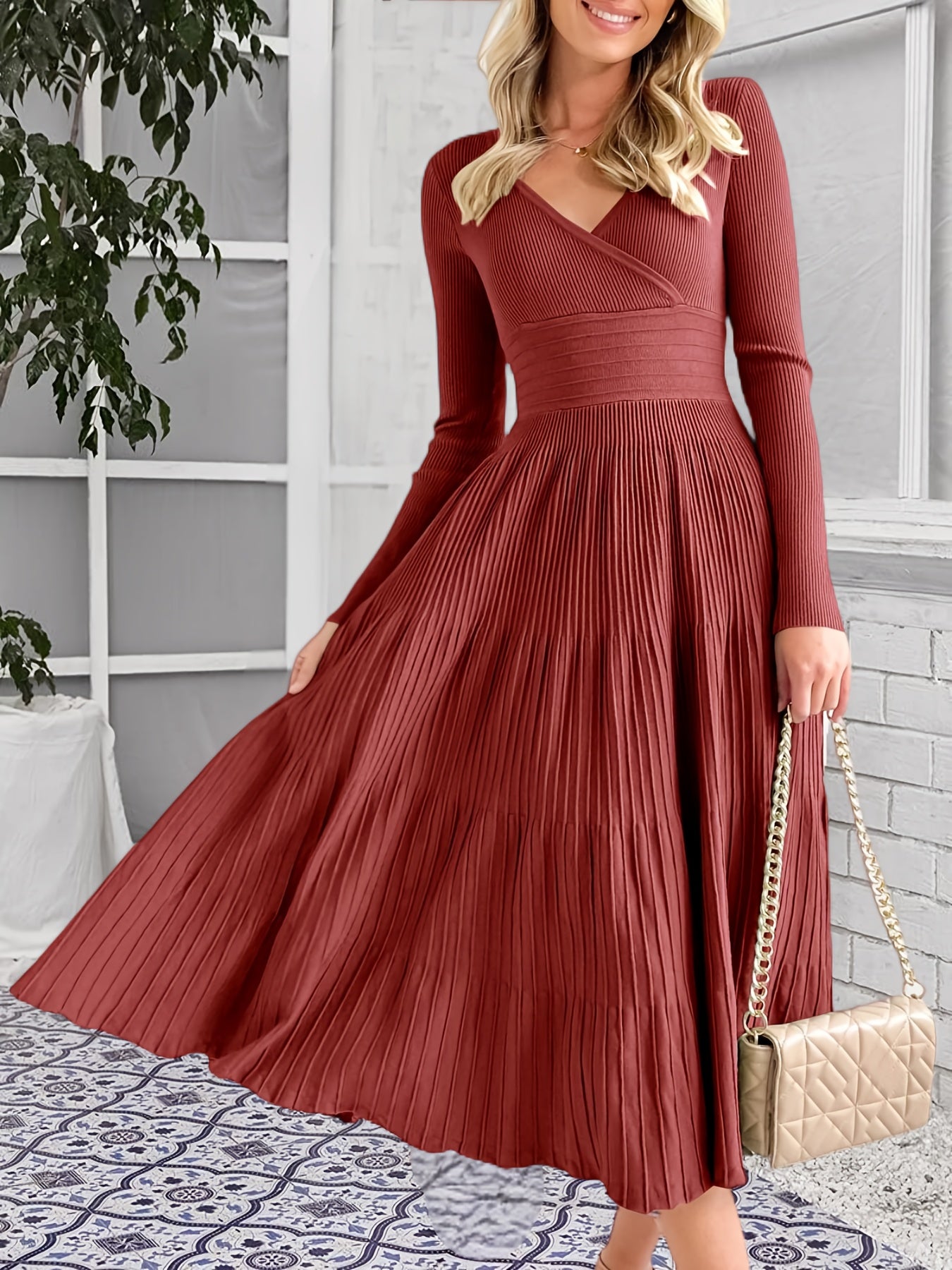 Womens V Neck Midi Sweater Dress Wrap Pleated A Line