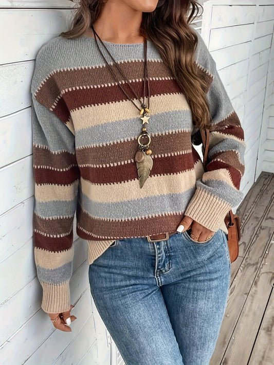 Womens Vintage Striped Sweater Round Neck Long Sleeve