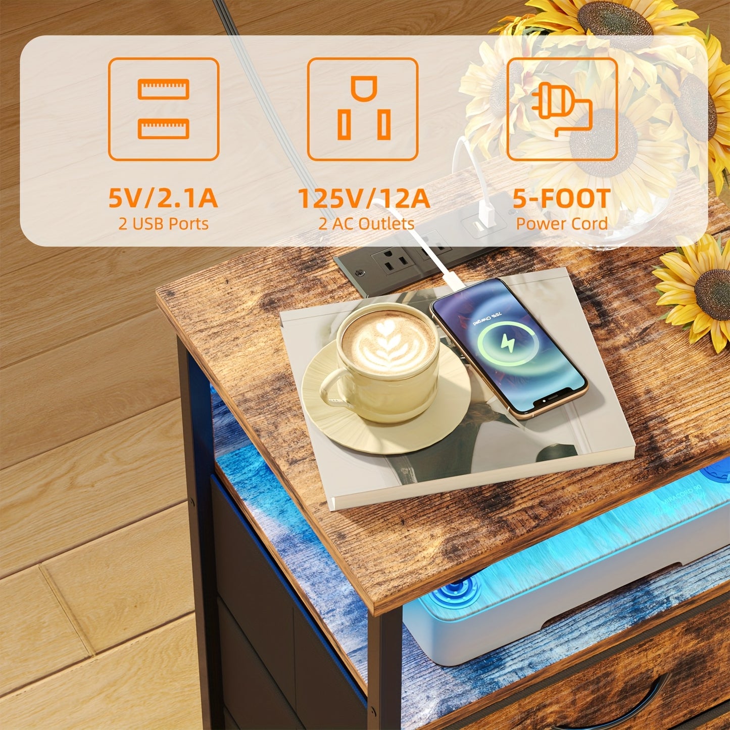 WHONLINE Night Stand with Charging Station and Fabric Drawers