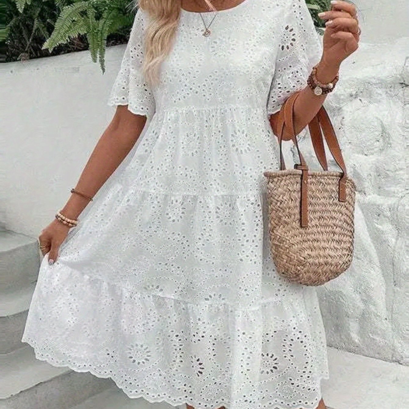 Lined Embroidered Lace Eyelet A Line Dress Button Front
