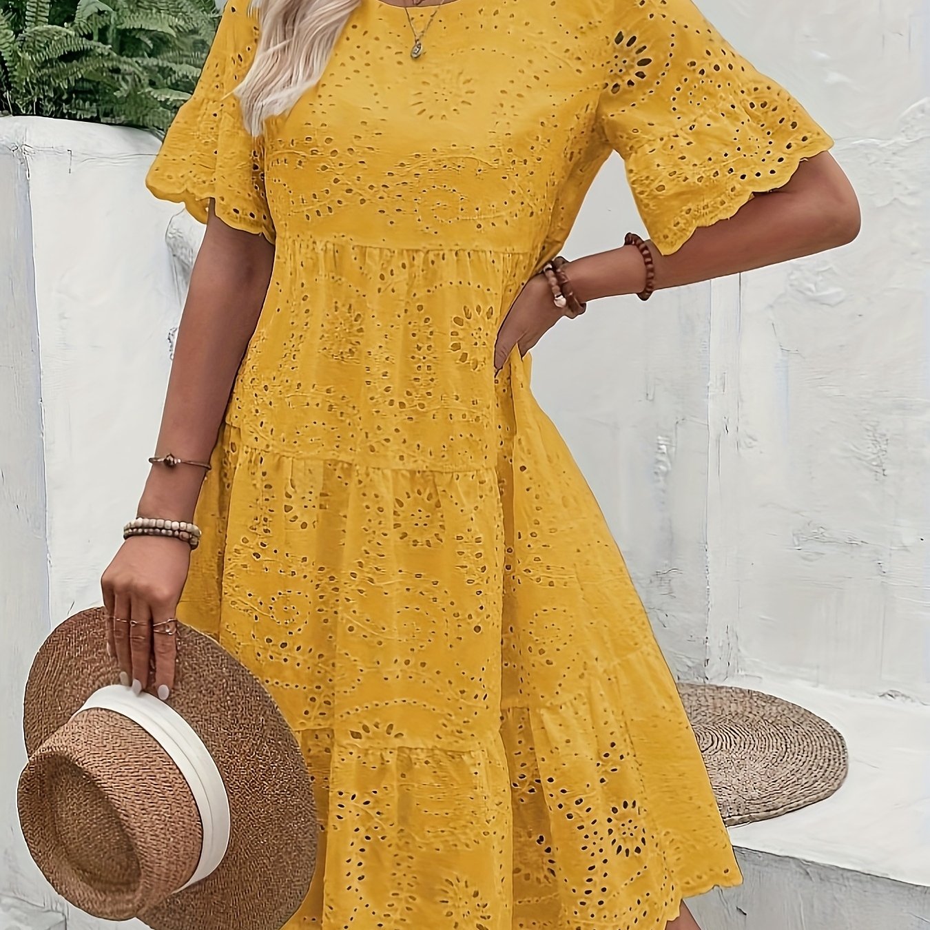 Lined Embroidered Lace Eyelet A Line Dress Button Front