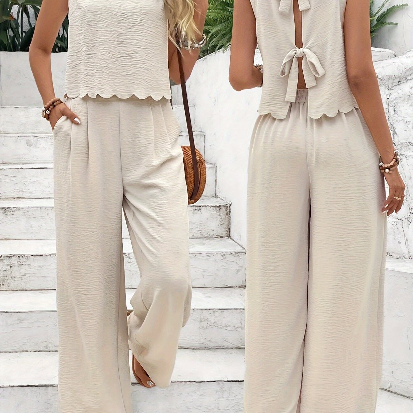 Women's Petal Edge Tie Waist Pants Vest Set Essential