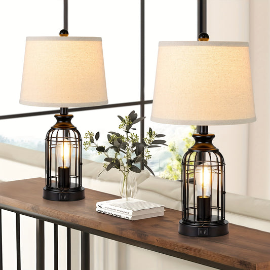 Farmhouse Table Lamps Set with Touch Control and USB Ports