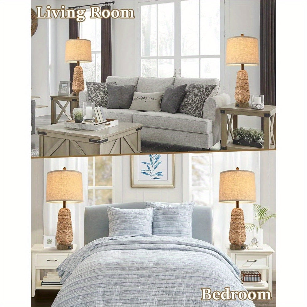 BrightEver Rattan Table Lamps Set With USB Ports 2