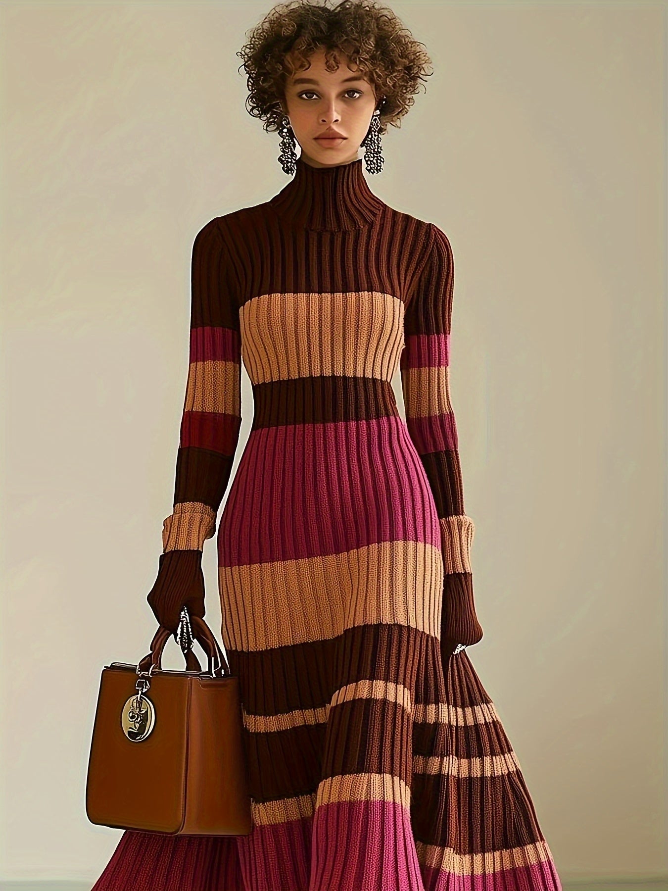Nian Nian Selection Block Striped Knit Sweater Dress