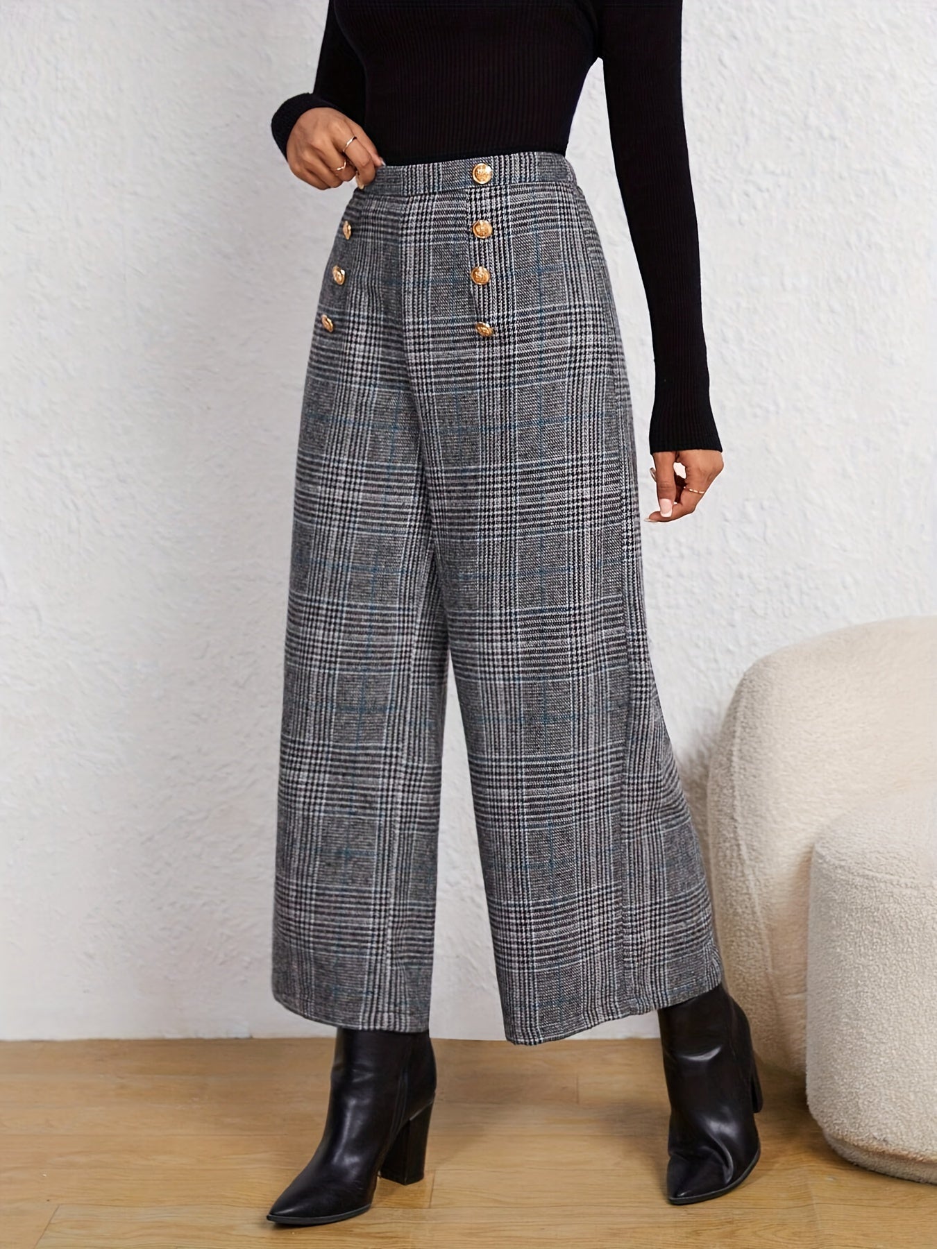 Plaid Print Wide Leg Pants With Button High Waist For All Season Spring And Summer