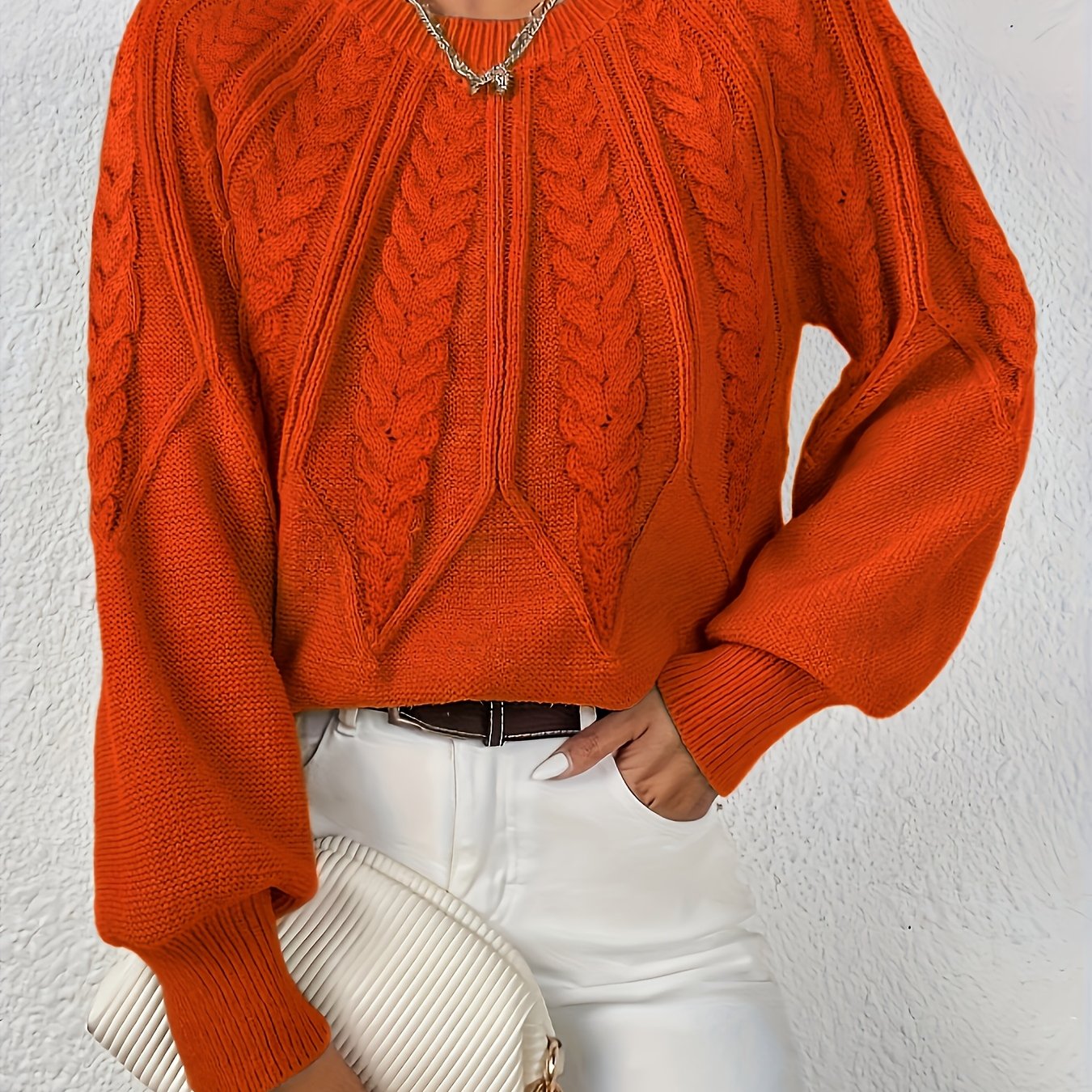 Womens Elegant Round Neck Sweater Solid Knitwear For Fall