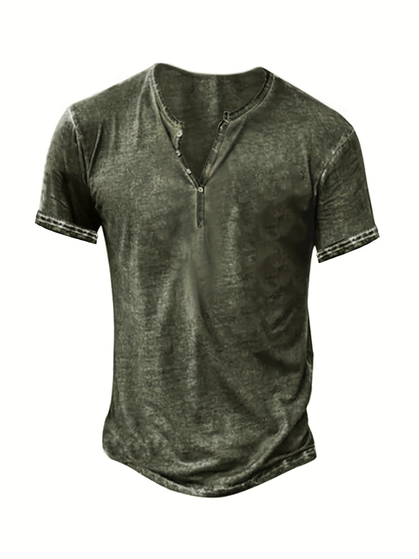 Mens Distressed Henley Shirt Short Sleeve Cotton Slim Fit