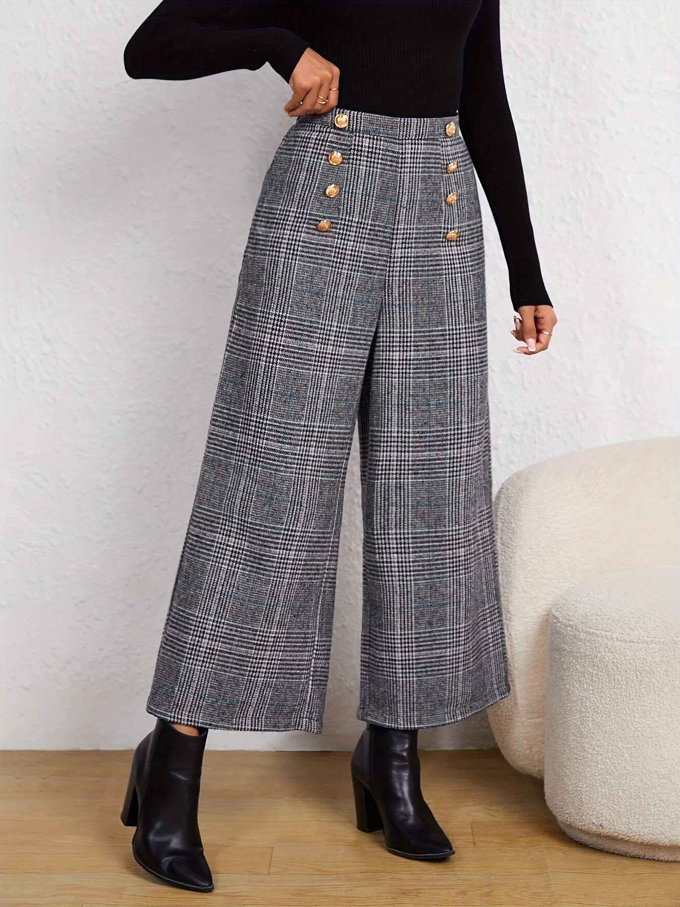 Plaid Print Wide Leg Pants With Button High Waist For All Season Spring And Summer