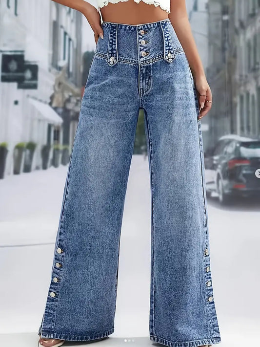 Casual Denim Baggy Wide Leg Jeans for Women Loose Fit Button Waist with Open Button Foot Design