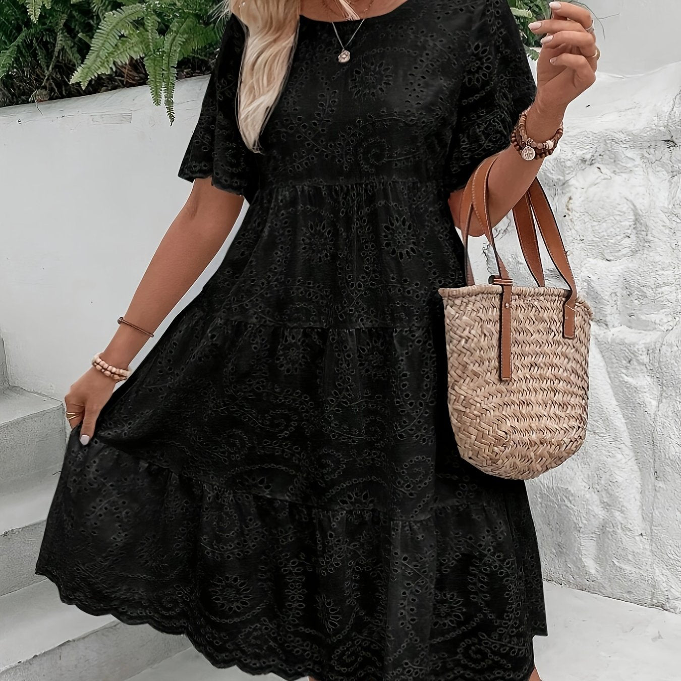 Lined Embroidered Lace Eyelet A Line Dress Button Front