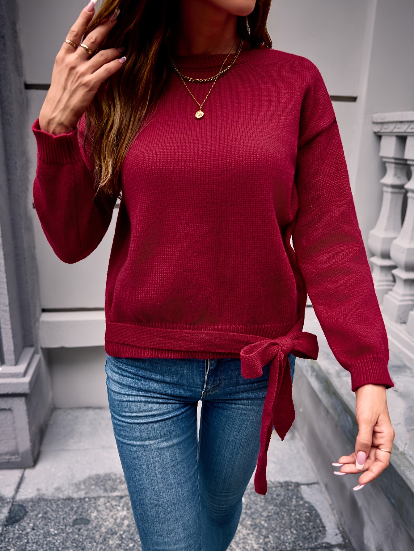 Cozy Loose Fit Bow Detail Sweater For Everyday Wear