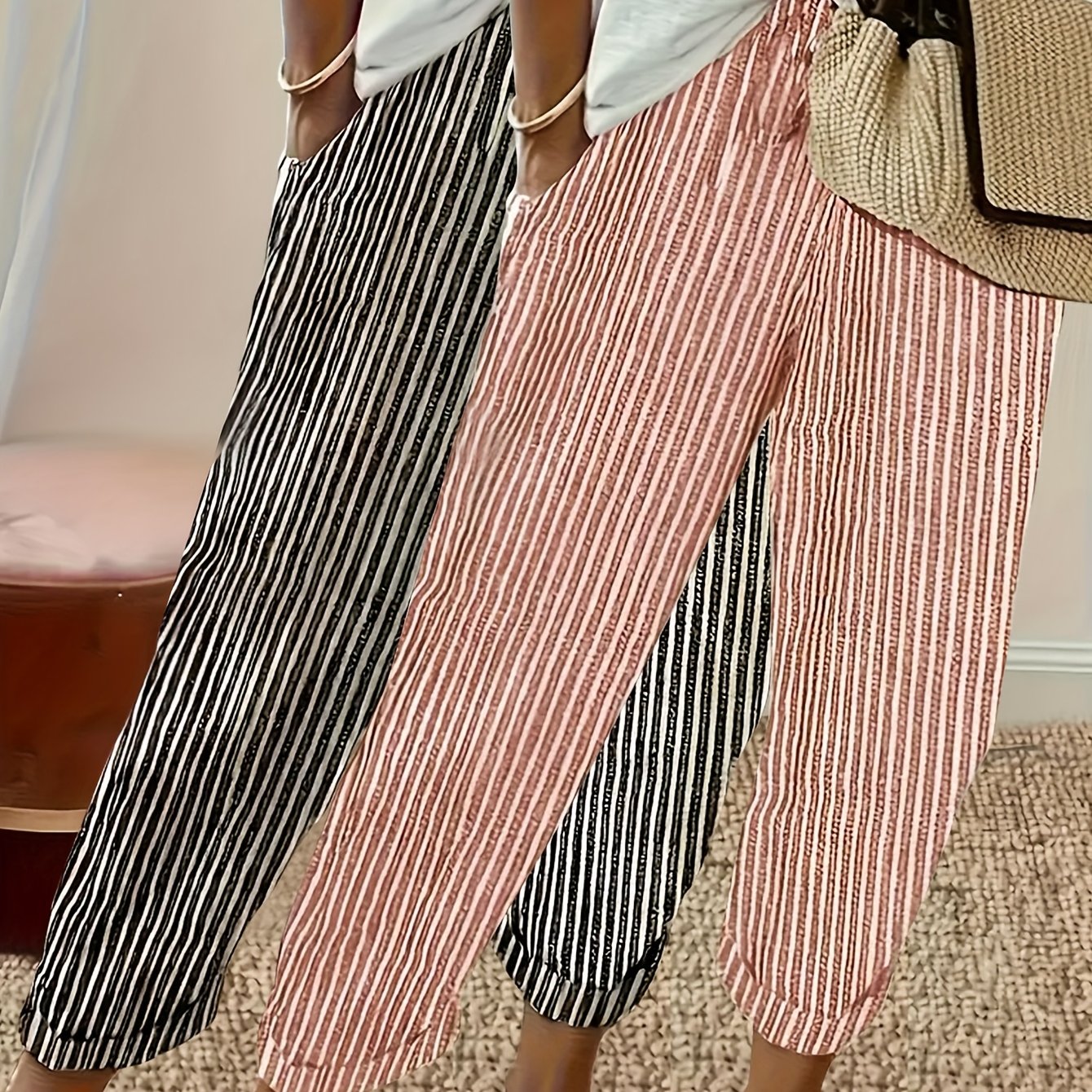 Two Pack Striped Casual Polyester Pants All Season Wear