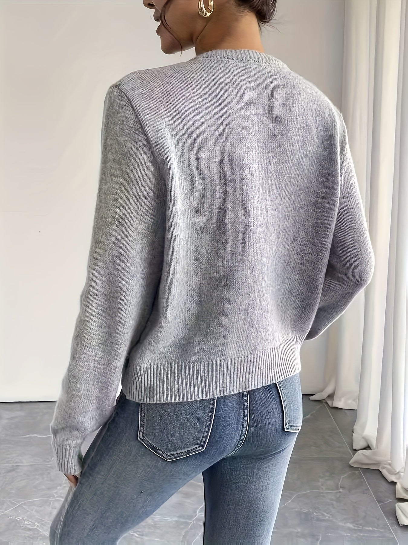 Womens Cardigan Sweater With Button Details Crew Neck