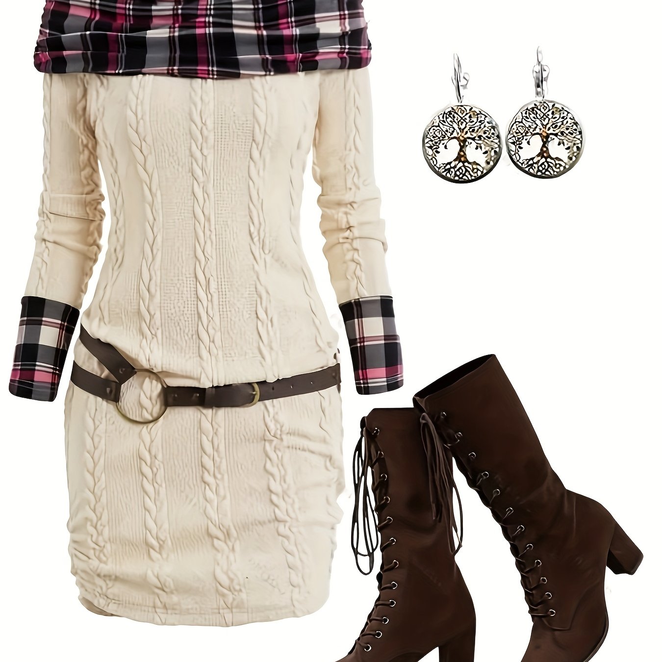 Plaid Patchwork Cable Knit Bodycon Sweater Dress Chic