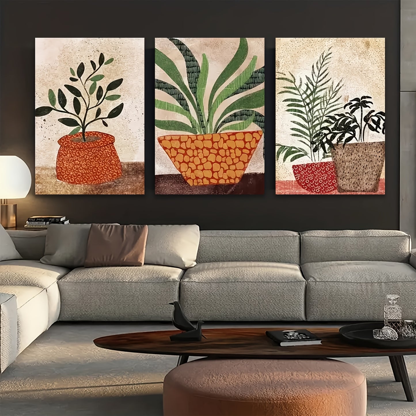 Boho Style Wooden Framed Wall Art Set with Green Abstract Design