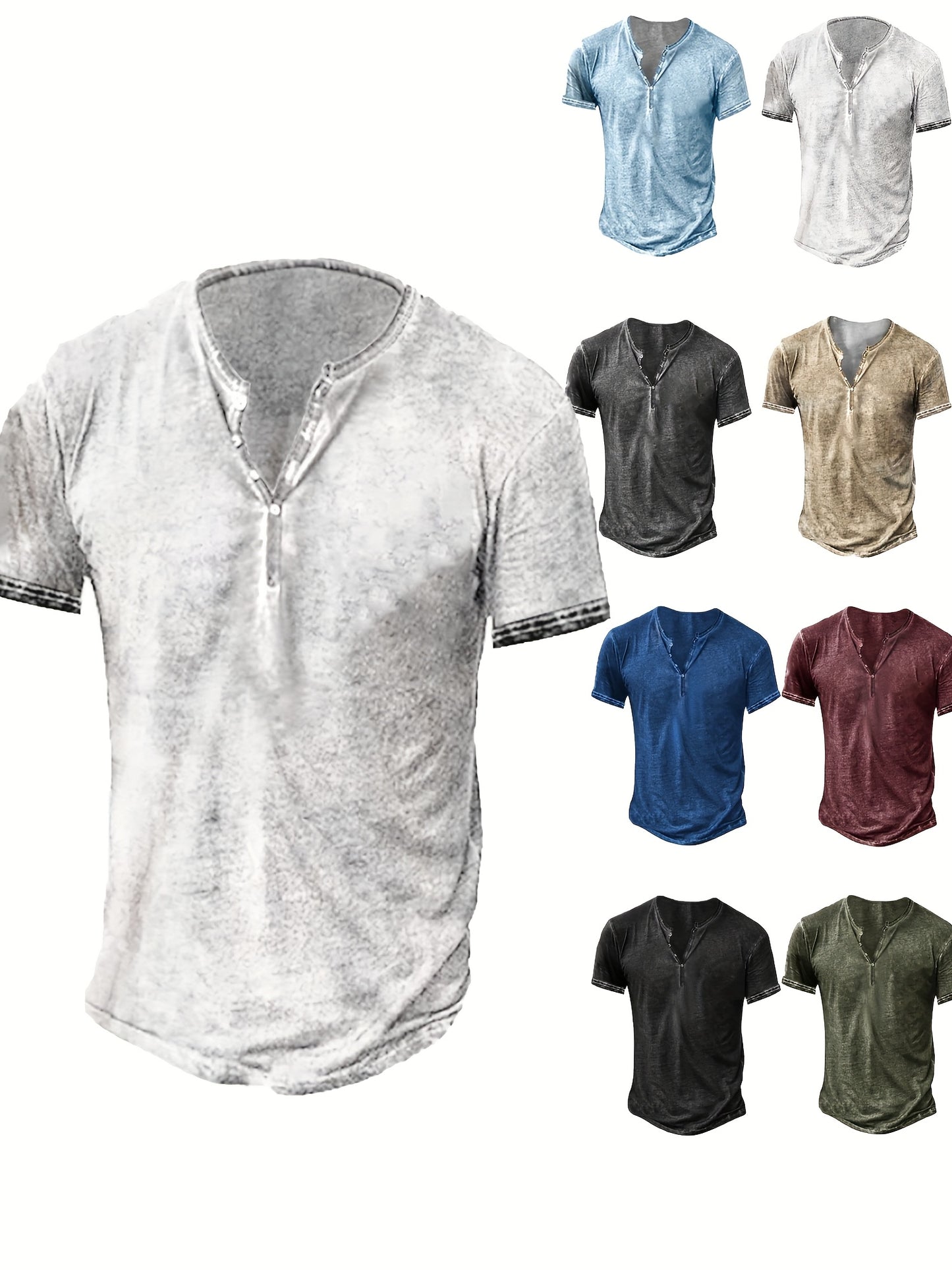 Mens Distressed Henley Shirt Short Sleeve Cotton Slim Fit