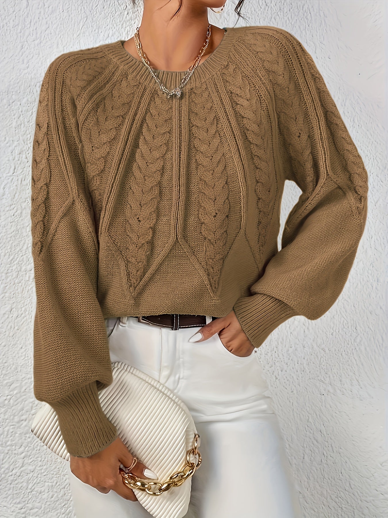 Womens Elegant Round Neck Sweater Solid Knitwear For Fall