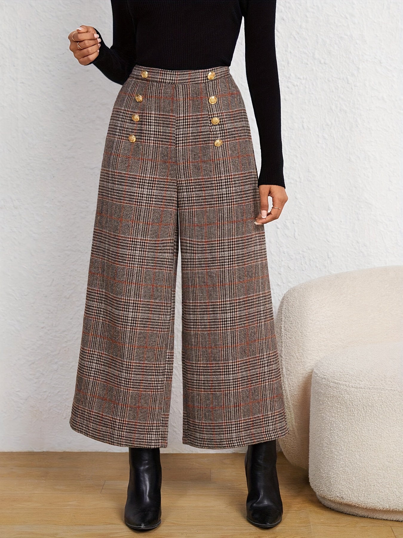 Plaid Print Wide Leg Pants With Button High Waist For All Season Spring And Summer